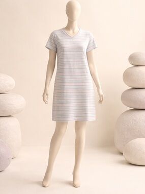 Oscar De La Renta Striped V-Neck Short Sleeve Shift Dress - Pastel Multi size xl